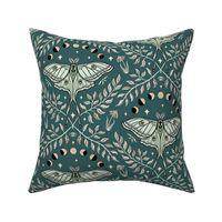 Luna Moths Damask with moon phases - dark teal - medium