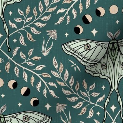 Luna Moths Damask with moon phases - dark teal - medium