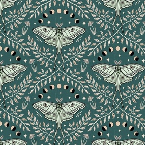 Luna Moths Damask with moon phases - dark teal - medium