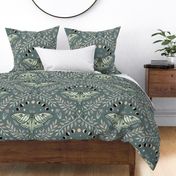 Luna Moths Damask with moon phases - Eucalyptus blue-green - large