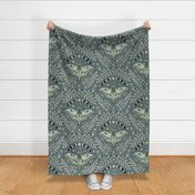 Luna Moths Damask with moon phases - Eucalyptus blue-green - large