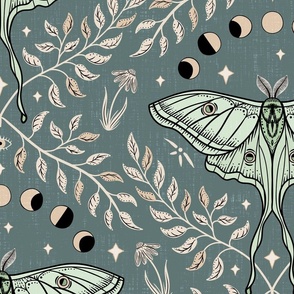 Luna Moths Damask with moon phases - Eucalyptus blue-green - large