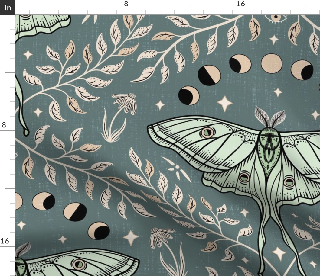 Luna Moths Damask with moon phases - Eucalyptus blue-green - large