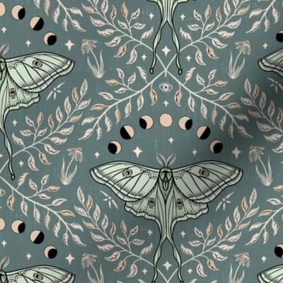 Luna Moths Damask with moon phases - Eucalyptus blue-green - small