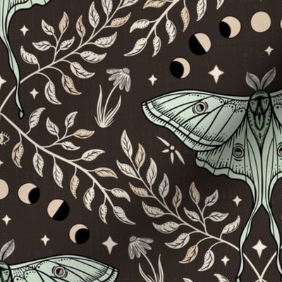 Luna Moths Damask with moon phases - Chocolate brown - medium