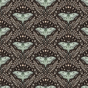 Luna Moths Damask with moon phases - Chocolate brown - small