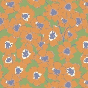 Vintage Poppies - Orange On Green.