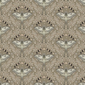 Luna Moths Damask with moon phases - Khaki green - small