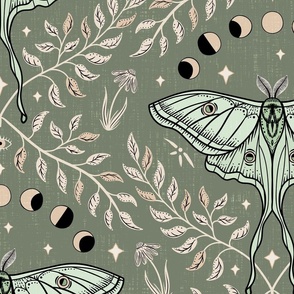 Luna Moths Damask with moon phases - sage green - large