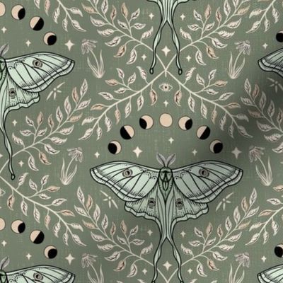 Luna Moths Damask with moon phases - sage green - small