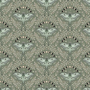 Luna Moths Damask with moon phases - sage green - small