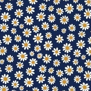 Joyful White Daisies - Ditsy Scale -Navy background Blue Retro Vintage Flowers Floral