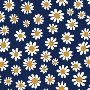 Joyful White Daisies - Small Scale -Navy background Blue Retro Vintage Flowers Floral