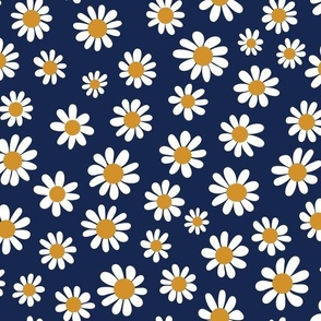 Joyful White Daisies - Medium Scale -Navy background Blue Retro Vintage Flowers Floral