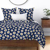 Joyful White Daisies - Large Scale -Navy background Blue Retro Vintage Flowers Floral