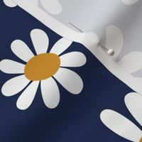 Joyful White Daisies - Large Scale -Navy background Blue Retro Vintage Flowers Floral