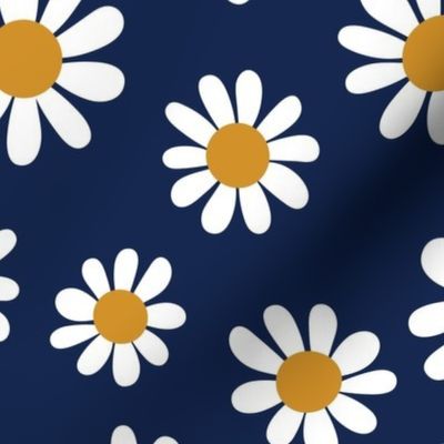 Joyful White Daisies - Large Scale -Navy background Blue Retro Vintage Flowers Floral