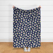 Joyful White Daisies - Large Scale -Navy background Blue Retro Vintage Flowers Floral