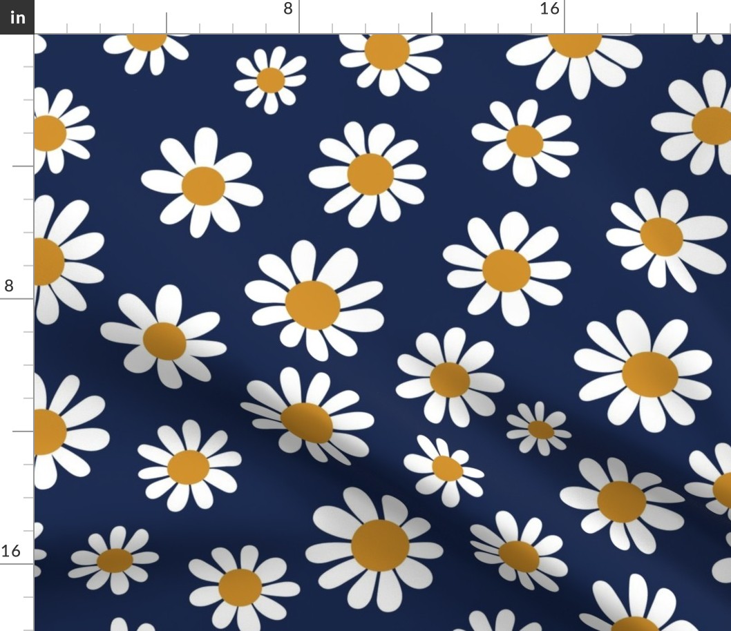 Joyful White Daisies - Large Scale -Navy background Blue Retro Vintage Flowers Floral