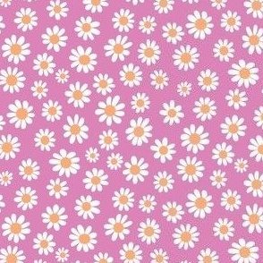 Joyful White Daisies - Ditsy Scale -Pink background Orange Vintage Flowers Floral
