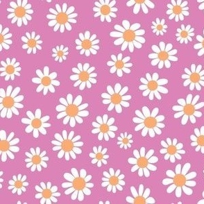 Joyful White Daisies - Small Scale -Pink background Orange Vintage Flowers Floral