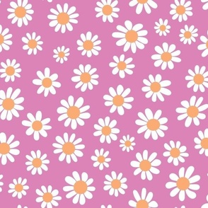 Joyful White Daisies - Medium Scale -Pink background Orange Vintage Flowers Floral