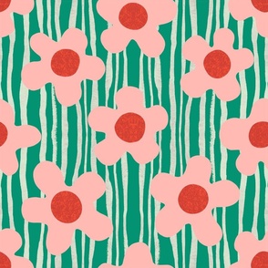  Mod pink flowers on Green