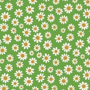 Joyful White Daisies - Ditsy Scale -Kelly Green Retro Vintage Flowers Floral 70s 1970s