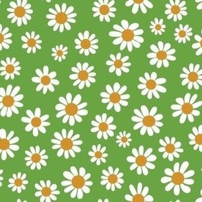 Joyful White Daisies - Small Scale -Kelly Green Retro Vintage Flowers Floral 70s 1970s