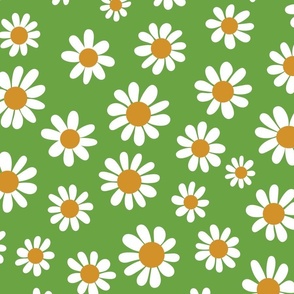 Joyful White Daisies - Large Scale - Kelly Green Retro Vintage Flowers Floral 70s 1970s