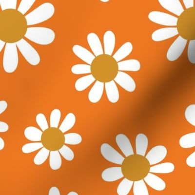 Joyful White Daisies - Large Scale - Orange Retro Vintage Flowers Floral 70s 1970s 60s 1960s