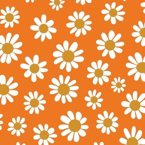 Joyful White Daisies - Large Scale - Orange Retro Vintage Flowers Floral 70s 1970s 60s 1960s