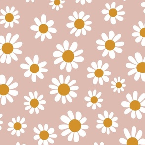 Joyful White Daisies - Large Scale - Blush Pink Retro Vintage Flowers Floral Boho Cottagecore