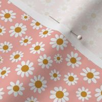 Joyful White Daisies - Ditsy  Scale - Coral Pink Retro Vintage Flowers Floral Boho Cottagecore