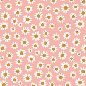 Joyful White Daisies - Ditsy  Scale - Coral Pink Retro Vintage Flowers Floral Boho Cottagecore