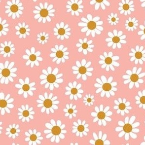 Joyful White Daisies - Small Scale - Coral Pink Retro Vintage Flowers Floral Boho Cottagecore