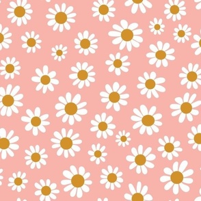 Joyful White Daisies - Medium Scale - Coral Pink Retro Vintage Flowers Floral Boho Cottagecore