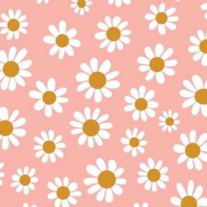 Joyful White Daisies - Large Scale - Coral Pink Retro Vintage Flowers Floral Boho Cottagecore