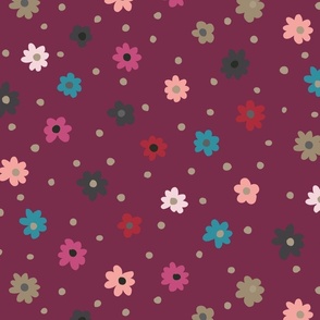 282 -  jumbo scale Scattered Daisy field in teal, marron and charcoal grey background - for kids apparel, cute kids dresses and leggings, nursery wallpaper, nursery bed linen, kids decor, kids cotton floral sheet sets, pjs, patchwork and quilting.
