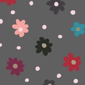 282 -  jumbo scale Scattered Daisy field in turquoise,red, burgundy  and charcoal grey background - for kids apparel, cute kids dresses and leggings, nursery wallpaper, nursery bed linen, kids decor, kids cotton floral sheet sets, pjs, patchwork and