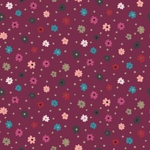 282 - small scale scattered Daisy field in teal, marron and charcoal grey background - for kids apparel, cute kids dresses and leggings, nursery wallpaper, nursery bed linen, kids decor, kids cotton floral sheet sets, pjs, patchwork and quilting.