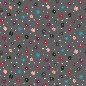 AFP22-01-ai  small scale Scattered Daisy field in teal, maroon and charcoal grey background - for kids apparel, cute kids dresses and leggings, nursery wallpaper, nursery bed linen, kids decor, kids cotton floral sheet sets, pjs, patchwork and quilting.