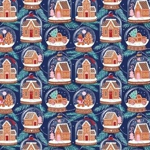 gingerbread houses in snow globes navy tiny scale Christmas, xmas fabric WB22