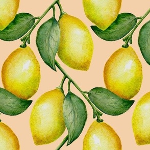 Watercolor lemons on beige background