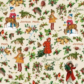 Joyeux Noël - Merry Christmas - vintage christmas children, nostalgic animals, green branches and birds- Antique Nursery cutouts - beige