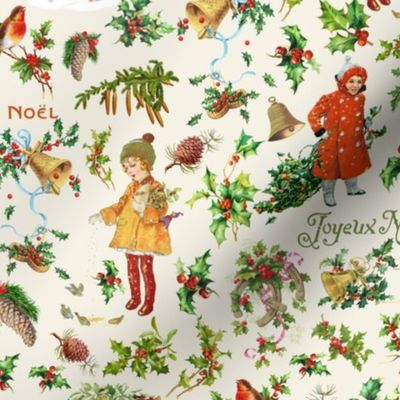 Joyeux Noël - Merry Christmas - vintage christmas children, nostalgic animals, green branches and birds- Antique Nursery cutouts - sand