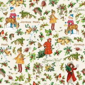 Joyeux Noël - Merry Christmas - vintage christmas children, nostalgic animals, green branches and birds- Antique Nursery cutouts - sand