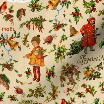 Joyeux Noël - Merry Christmas - vintage christmas children, nostalgic animals, green branches and birds- Antique Nursery cutouts - beige vibrance