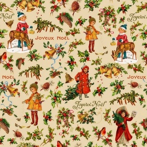 Joyeux Noël - Merry Christmas - vintage christmas children, nostalgic animals, green branches and birds- Antique Nursery cutouts - beige vibrance