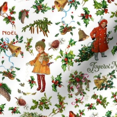 Joyeux Noël - Merry Christmas - vintage christmas children, nostalgic animals, green branches and birds- Antique Nursery cutouts - off white